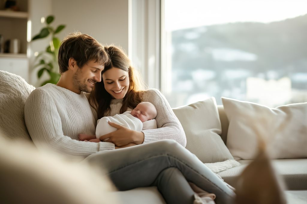 Parents sitting on a sofa holding their newborn baby, representing trust, care, and family-focused estate planning.