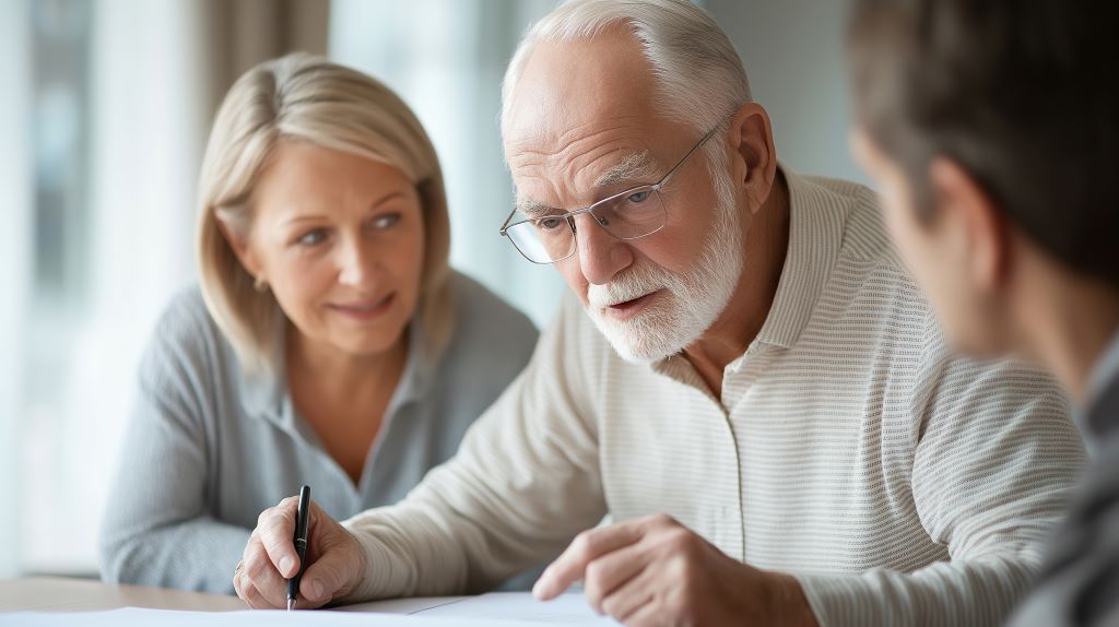 Senior man meeting with an attorney while his adult daughter sits beside him, representing guided estate administration support.